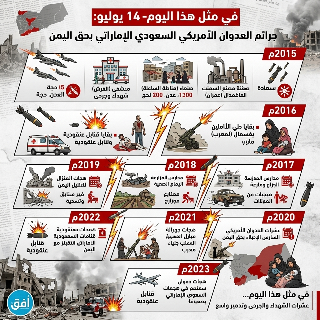 في مثل هذا اليوم 14 يوليو جرائم العدوان الأمريكي السعودي الإماراتي بحق اليمن في مثل هذا اليوم 14 يوليو جرائم العدوان الأمريكي السعودي الإماراتي بحق اليمن